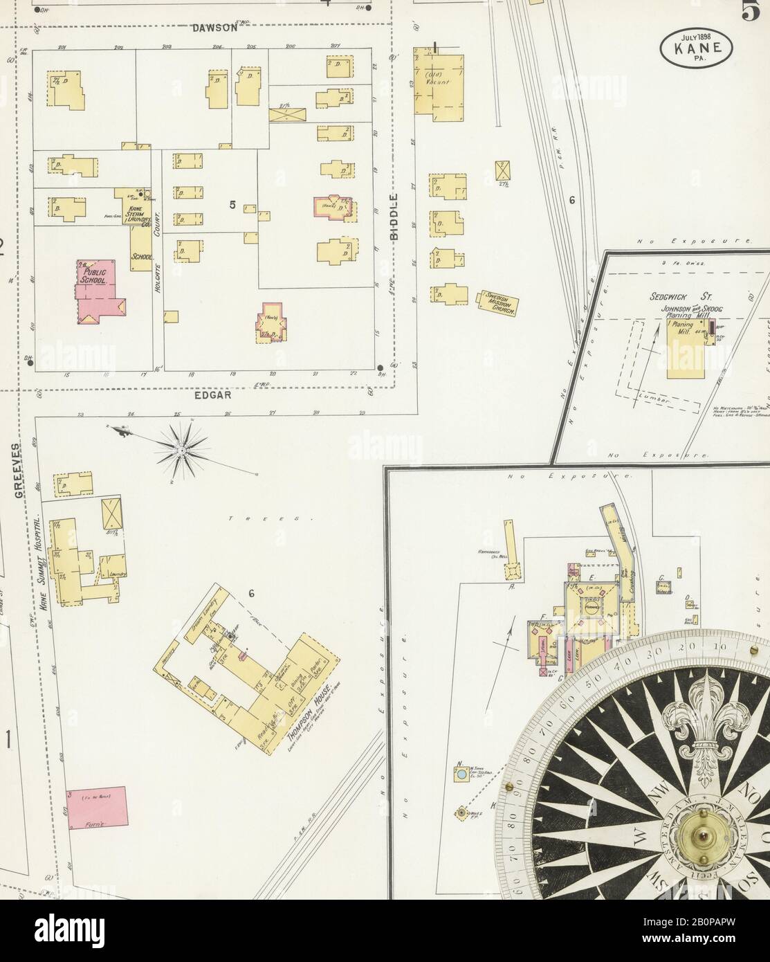 Image 5 of Sanborn Fire Insurance Map from Kane, McKean County, Pennsylvania. Jul 1898. 6 Sheet(s), America, street map with a Nineteenth Century compass Stock Photo