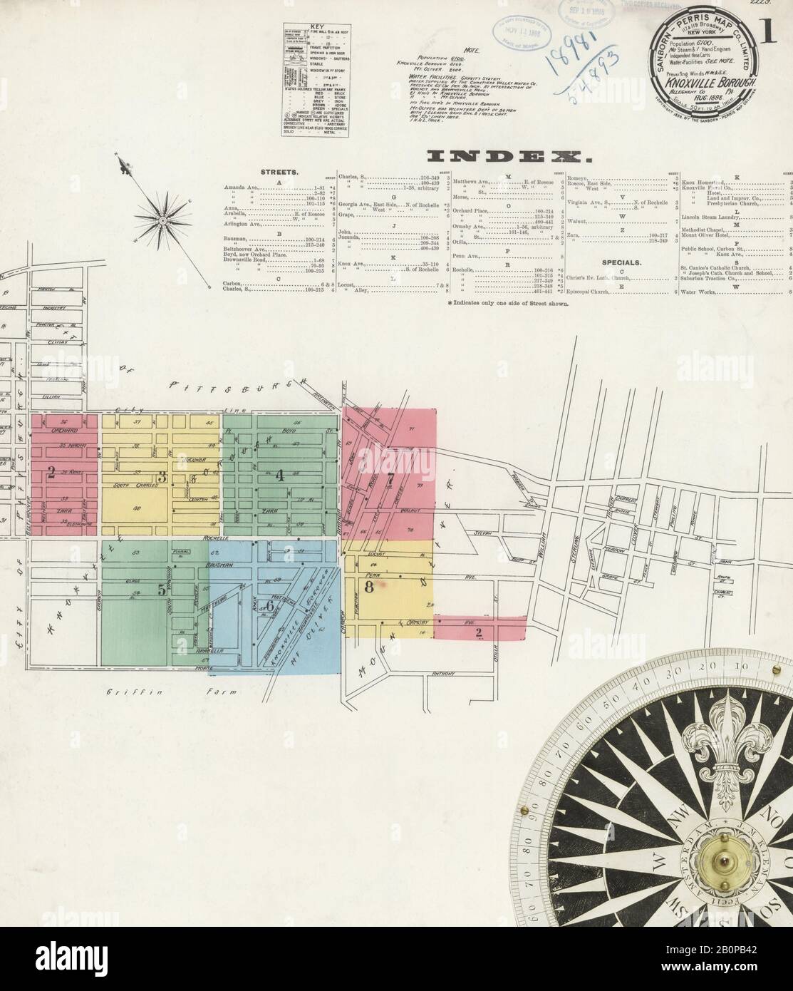 Image 1 of Sanborn Fire Insurance Map from Knoxville Borough, Allegheny County, Pennsylvania. Aug 1898. 8 Sheet(s). Acquired after 1981, America, street map with a Nineteenth Century compass Stock Photo
