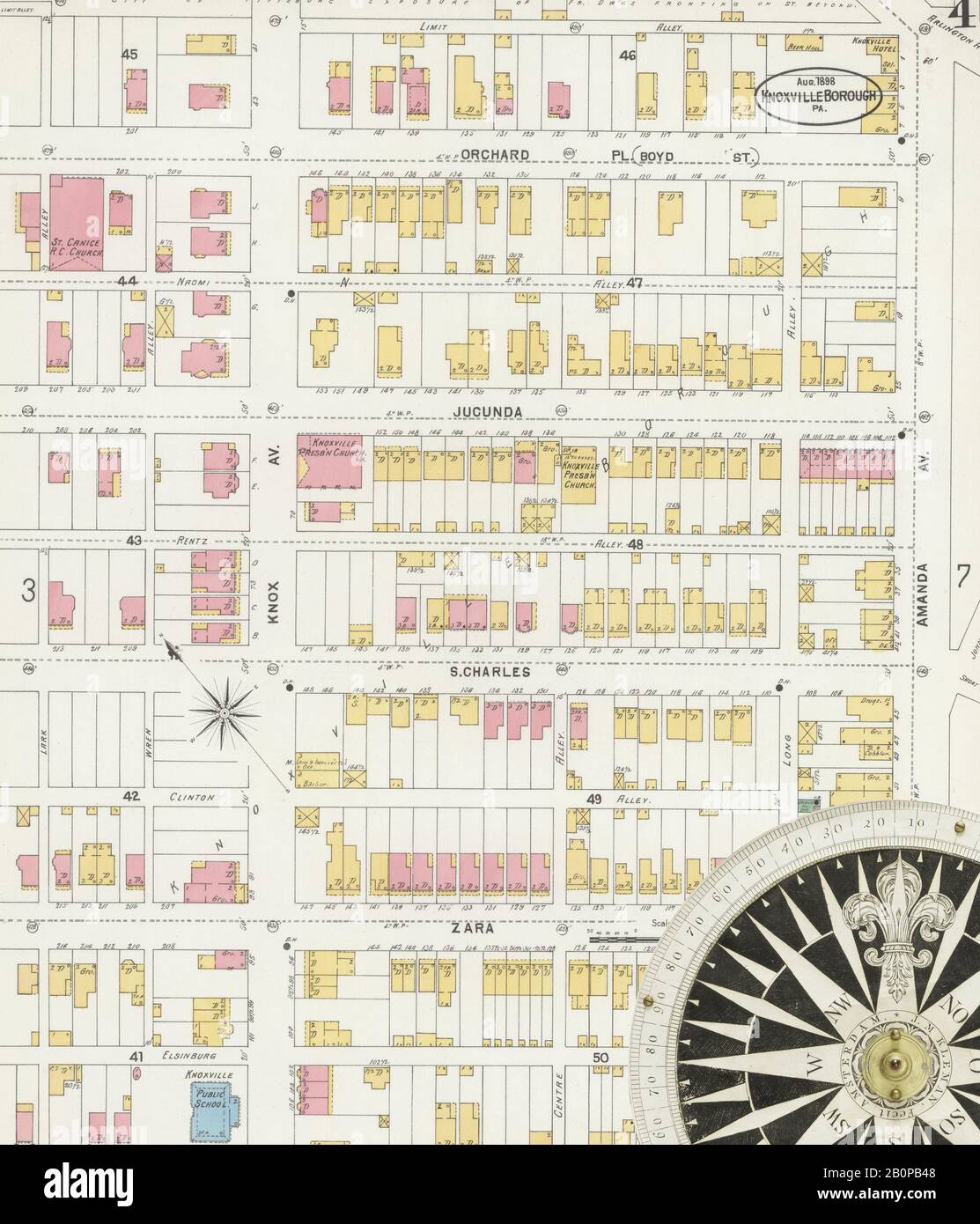 Image 4 of Sanborn Fire Insurance Map from Knoxville Borough, Allegheny County, Pennsylvania. Aug 1898. 8 Sheet(s). Acquired after 1981, America, street map with a Nineteenth Century compass Stock Photo