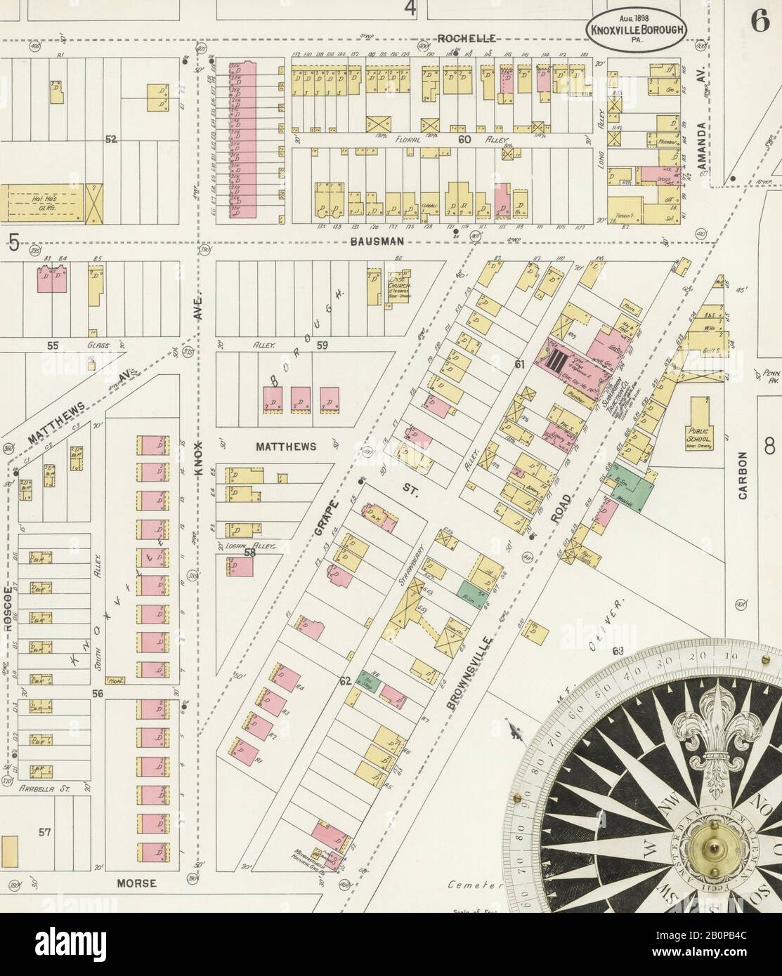 Image 6 of Sanborn Fire Insurance Map from Knoxville Borough, Allegheny County, Pennsylvania. Aug 1898. 8 Sheet(s). Acquired after 1981, America, street map with a Nineteenth Century compass Stock Photo
