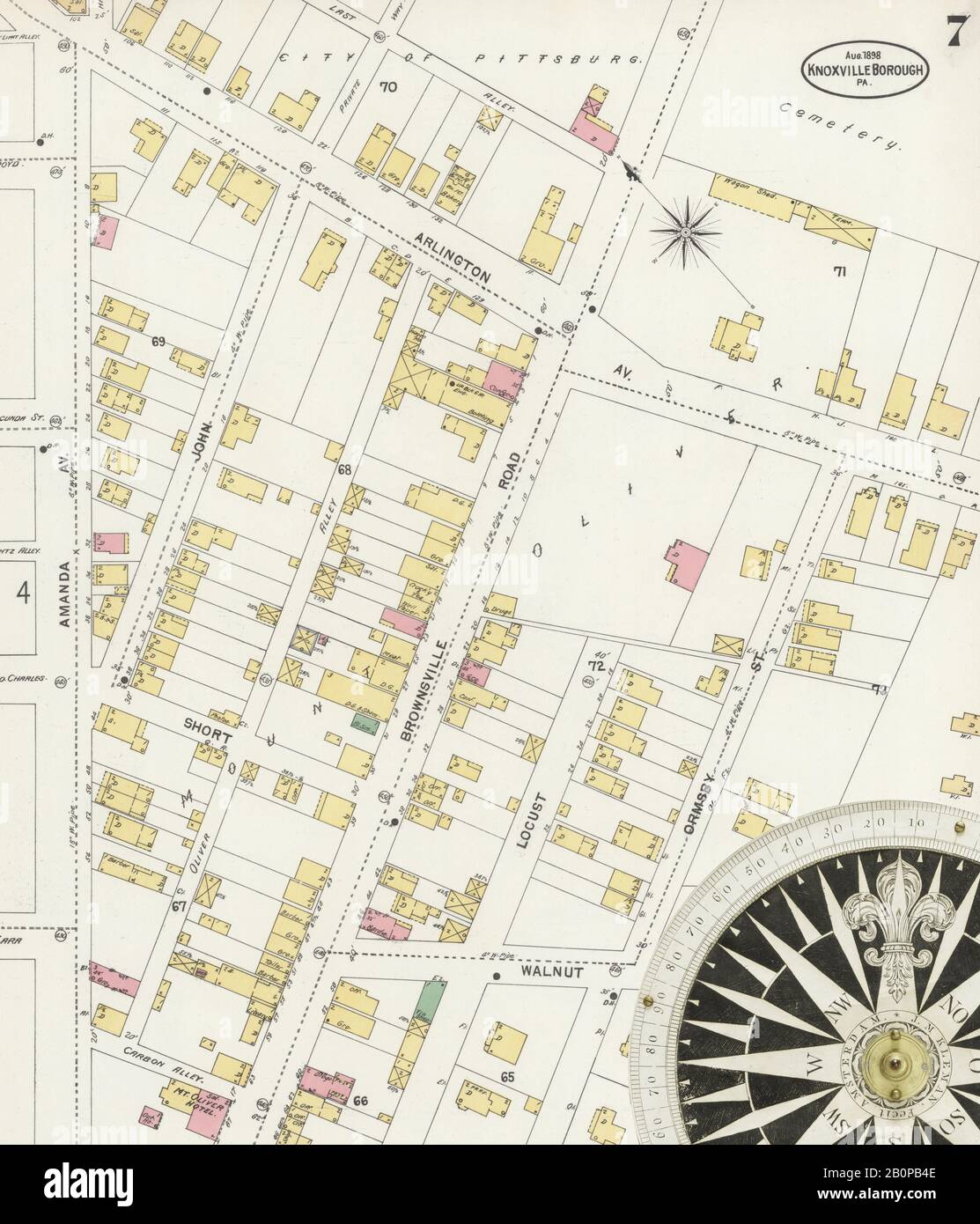 Image 7 of Sanborn Fire Insurance Map from Knoxville Borough, Allegheny County, Pennsylvania. Aug 1898. 8 Sheet(s). Acquired after 1981, America, street map with a Nineteenth Century compass Stock Photo