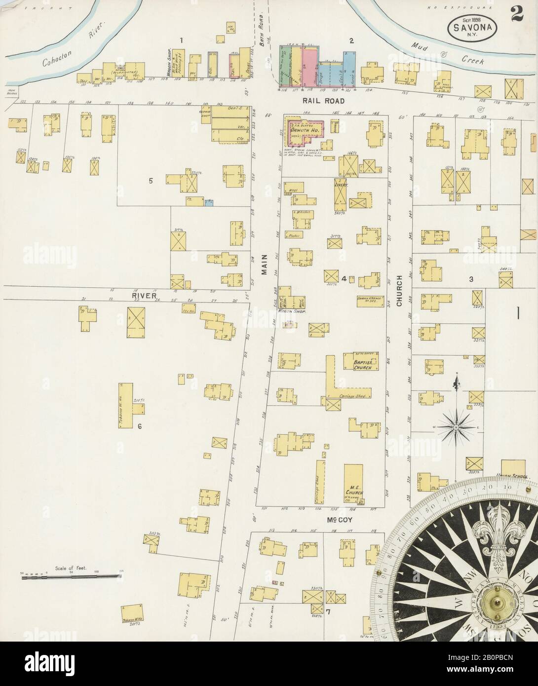 Image 2 of Sanborn Fire Insurance Map from Savona, Steuben County, New York. Sep 1898. 2 Sheet(s), America, street map with a Nineteenth Century compass Stock Photo