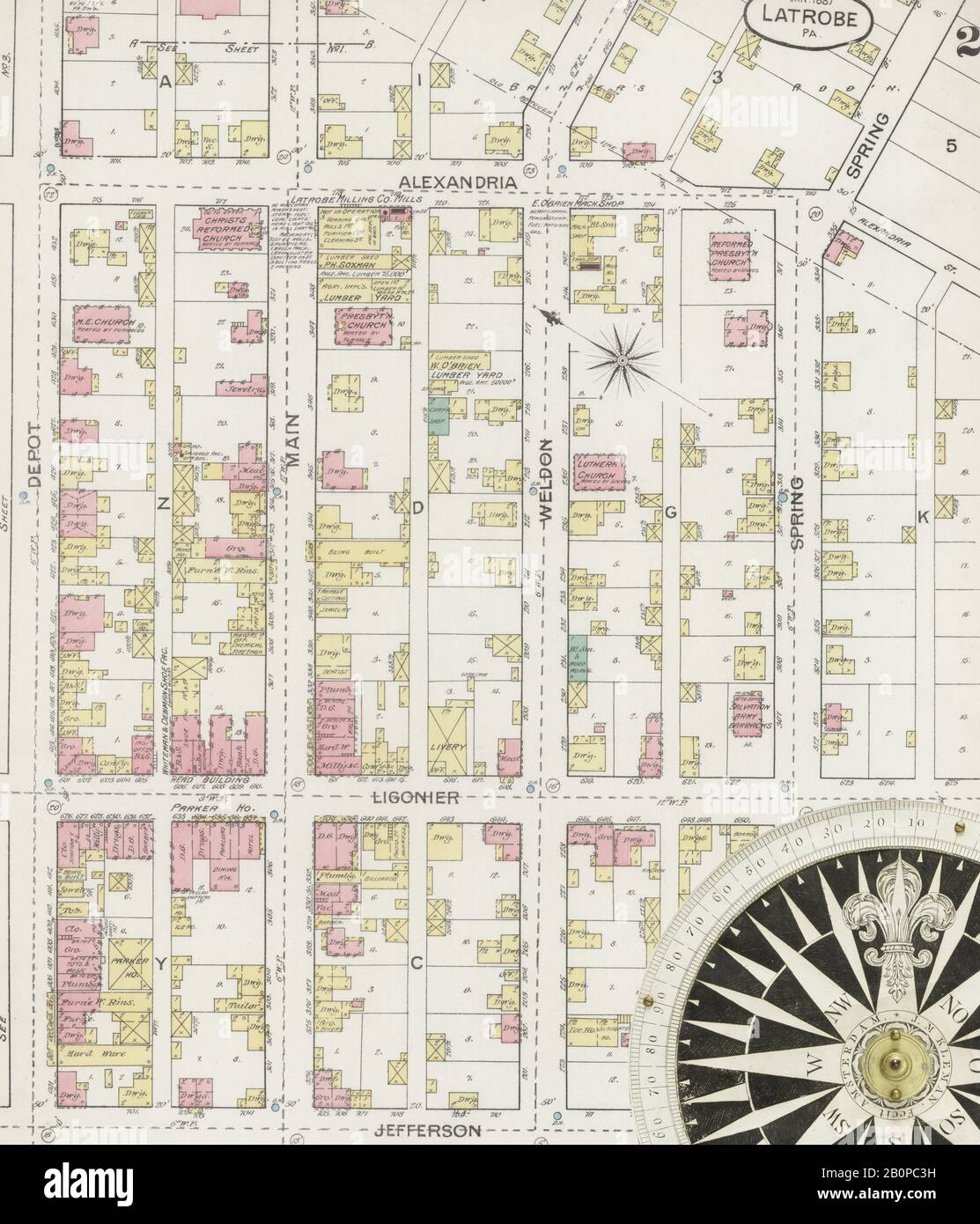 Image 2 of Sanborn Fire Insurance Map from Latrobe, Westmoreland County, Pennsylvania. Jan 1887. 6 Sheet(s), America, street map with a Nineteenth Century compass Stock Photo