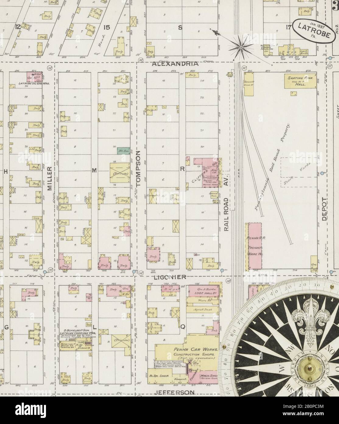 Image 3 of Sanborn Fire Insurance Map from Latrobe, Westmoreland County, Pennsylvania. Jan 1887. 6 Sheet(s), America, street map with a Nineteenth Century compass Stock Photo