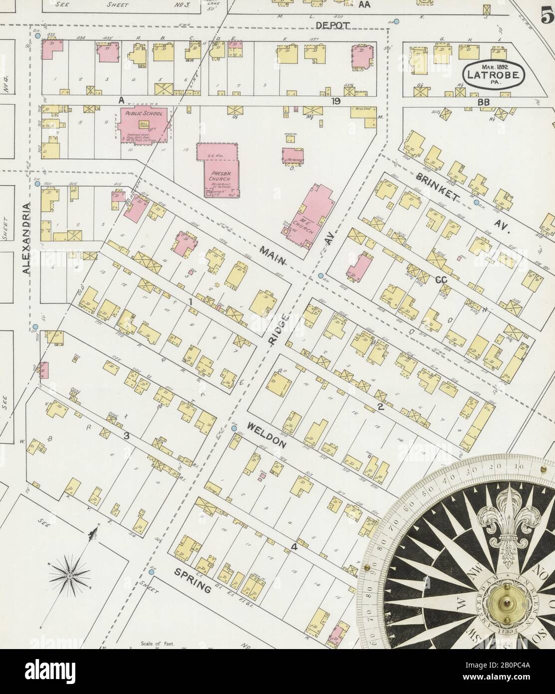 Image 5 of Sanborn Fire Insurance Map from Latrobe, Westmoreland County, Pennsylvania. Mar 1892. 11 Sheet(s), America, street map with a Nineteenth Century compass Stock Photo