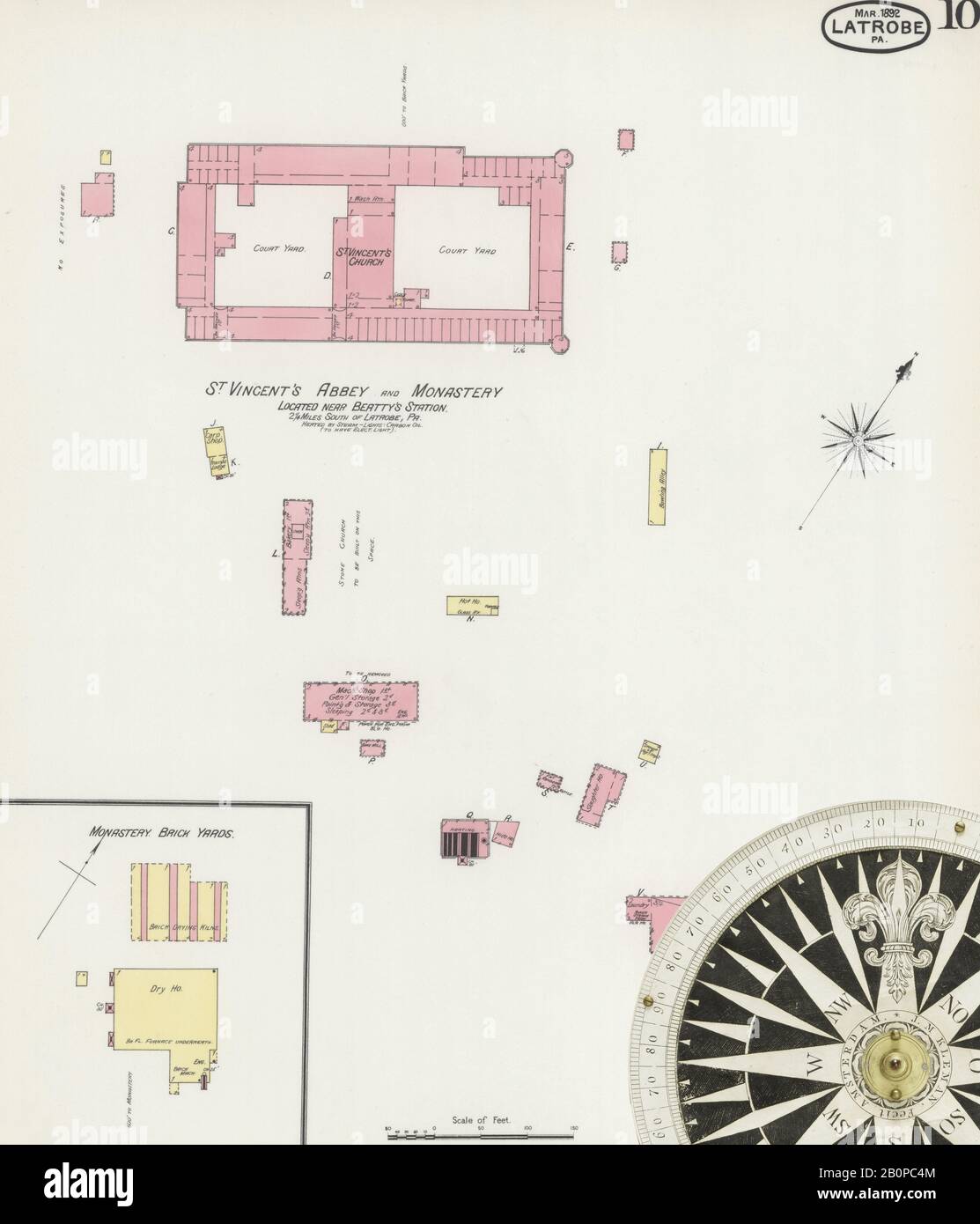 Image 10 of Sanborn Fire Insurance Map from Latrobe, Westmoreland County, Pennsylvania. Mar 1892. 11 Sheet(s), America, street map with a Nineteenth Century compass Stock Photo
