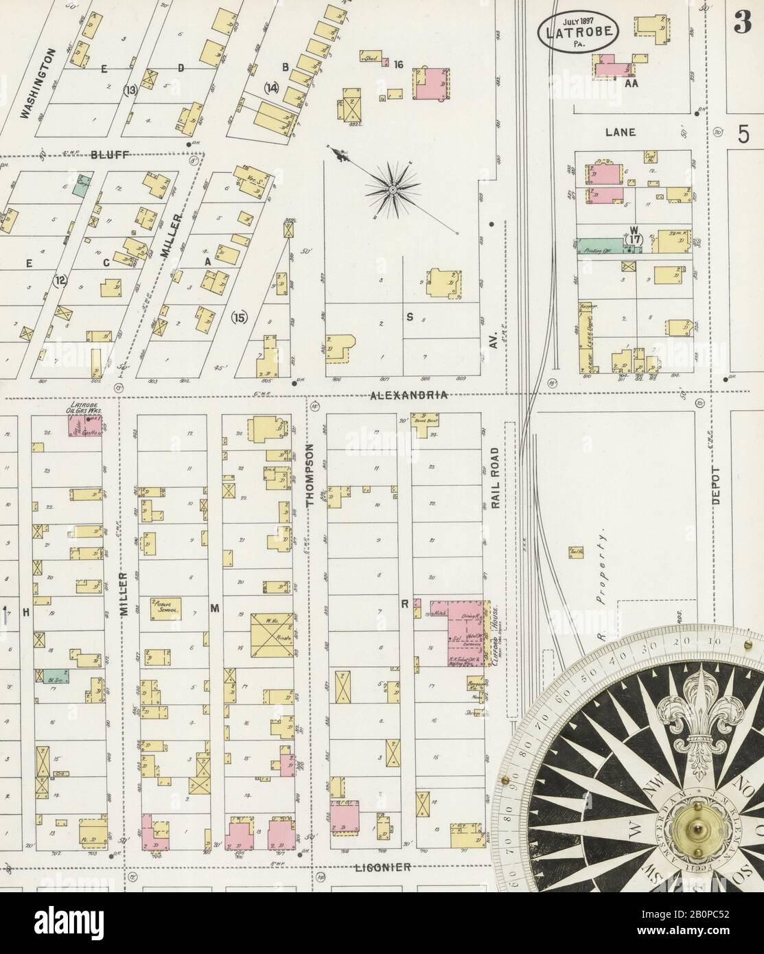 Image 3 of Sanborn Fire Insurance Map from Latrobe, Westmoreland County, Pennsylvania. Jul 1897. 14 Sheet(s), America, street map with a Nineteenth Century compass Stock Photo