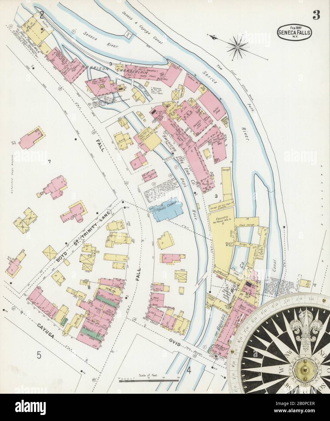 Image 3 of Sanborn Fire Insurance Map from Seneca Falls, Seneca County, New York. Feb 1897. 8 Sheet(s), America, street map with a Nineteenth Century compass Stock Photo