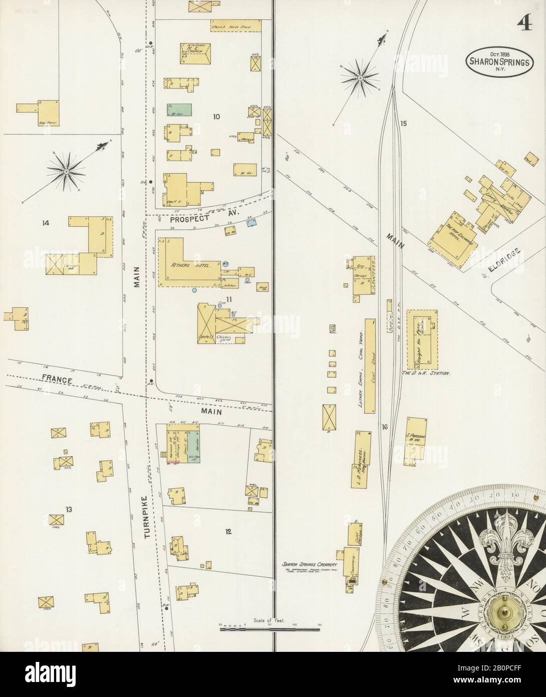 Image 4 of Sanborn Fire Insurance Map from Sharon Springs, Schoharie County, New York. Oct 1898. 4 Sheet(s), America, street map with a Nineteenth Century compass Stock Photo
