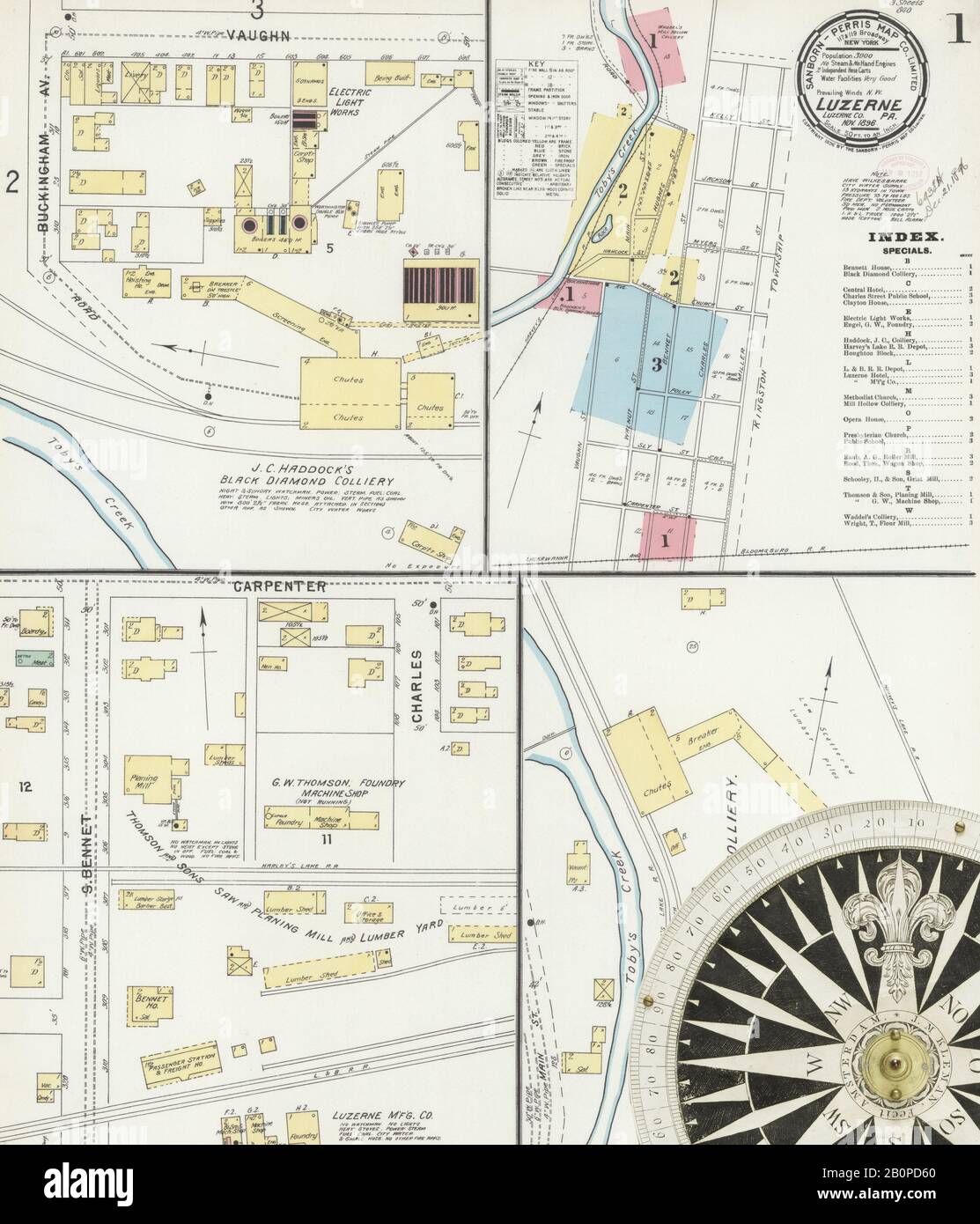 Image 1 of Sanborn Fire Insurance Map from Luzerne, Luzerne County, Pennsylvania. Nov 1896. 3 Sheet(s), America, street map with a Nineteenth Century compass Stock Photo