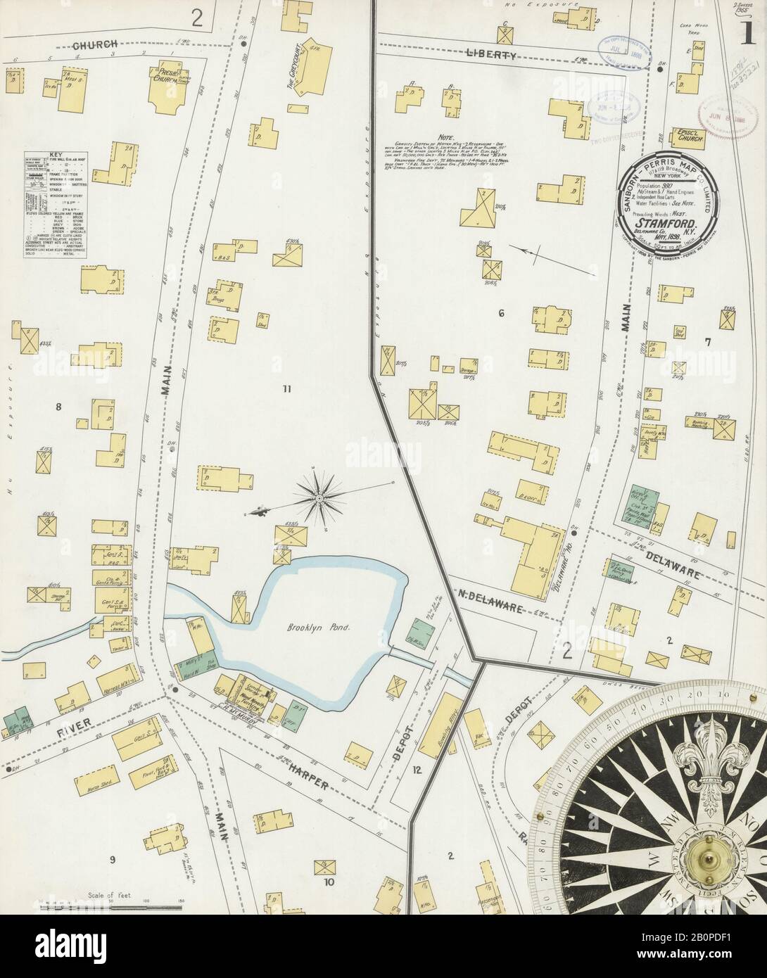 Image 1 of Sanborn Fire Insurance Map from Stamford, Delaware County, New York. May 1898. 2 Sheet(s), America, street map with a Nineteenth Century compass Stock Photo