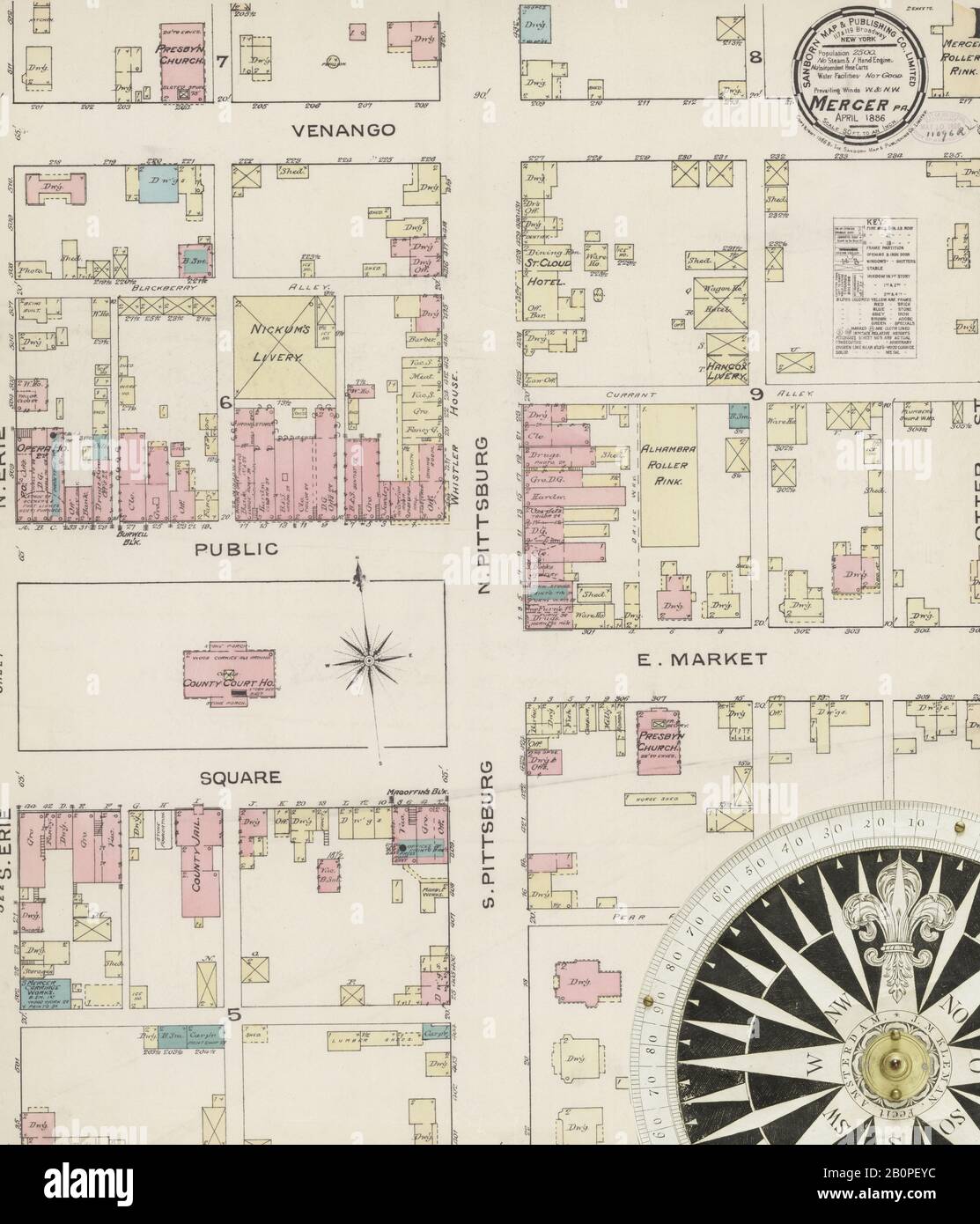 Image 1 of Sanborn Fire Insurance Map from Mercer, Mercer County, Pennsylvania. Apr 1886. 2 Sheet(s), America, street map with a Nineteenth Century compass Stock Photo