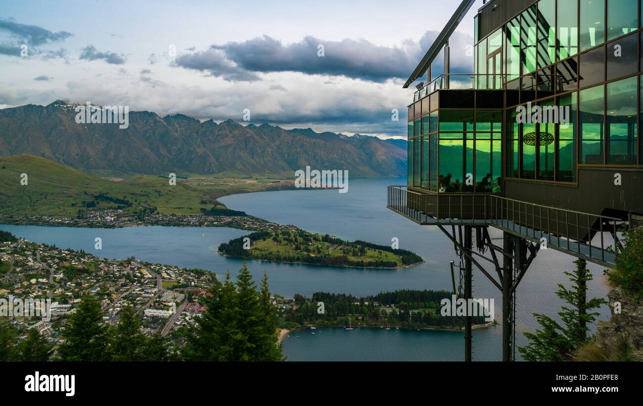 Queenstown, New Zealand and The Rarkables in Panoramic View Stock Photo