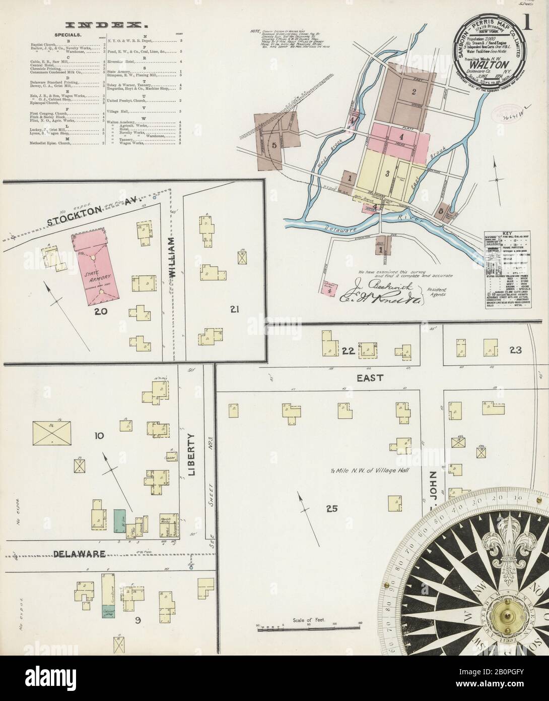 Image 1 of Sanborn Fire Insurance Map from Walton, Delaware County, New York. Jun 1891. 5 Sheet(s), America, street map with a Nineteenth Century compass Stock Photo