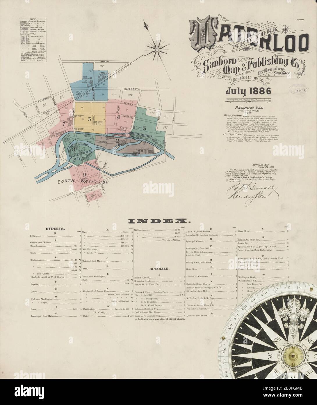 Image 1 of Sanborn Fire Insurance Map from Waterloo, Seneca County, New York. Jul 1886. 9 Sheet(s), America, street map with a Nineteenth Century compass Stock Photo