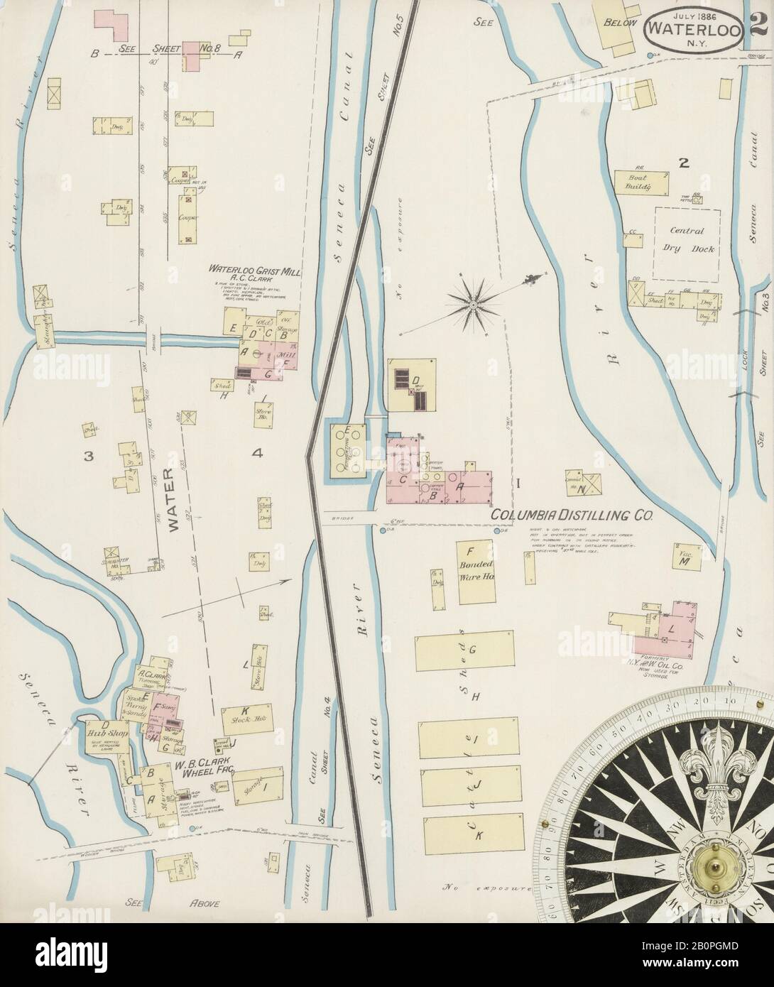 Image 2 of Sanborn Fire Insurance Map from Waterloo, Seneca County, New York. Jul 1886. 9 Sheet(s), America, street map with a Nineteenth Century compass Stock Photo