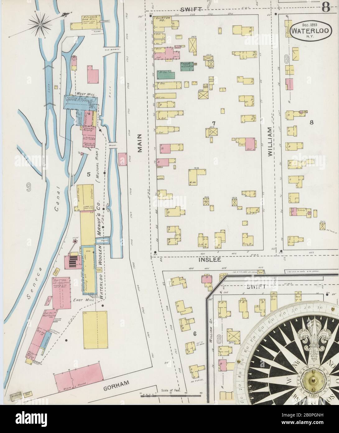 Image 8 of Sanborn Fire Insurance Map from Waterloo, Seneca County, New York. Dec 1893. 11 Sheet(s), America, street map with a Nineteenth Century compass Stock Photo
