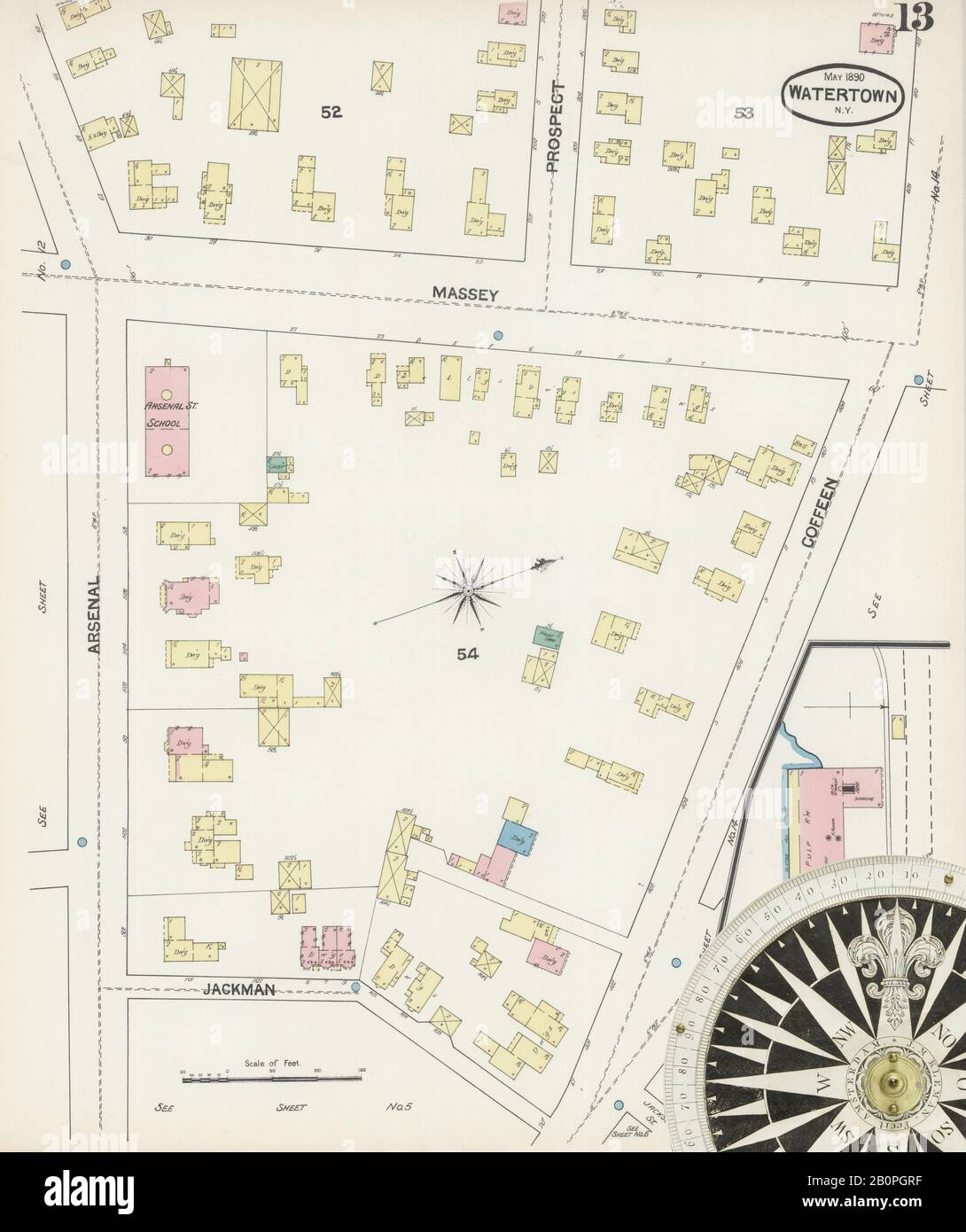 Image 13 of Sanborn Fire Insurance Map from Watertown, Jefferson County, New York. Jun 1890. 16 Sheet(s), America, street map with a Nineteenth Century compass Stock Photo
