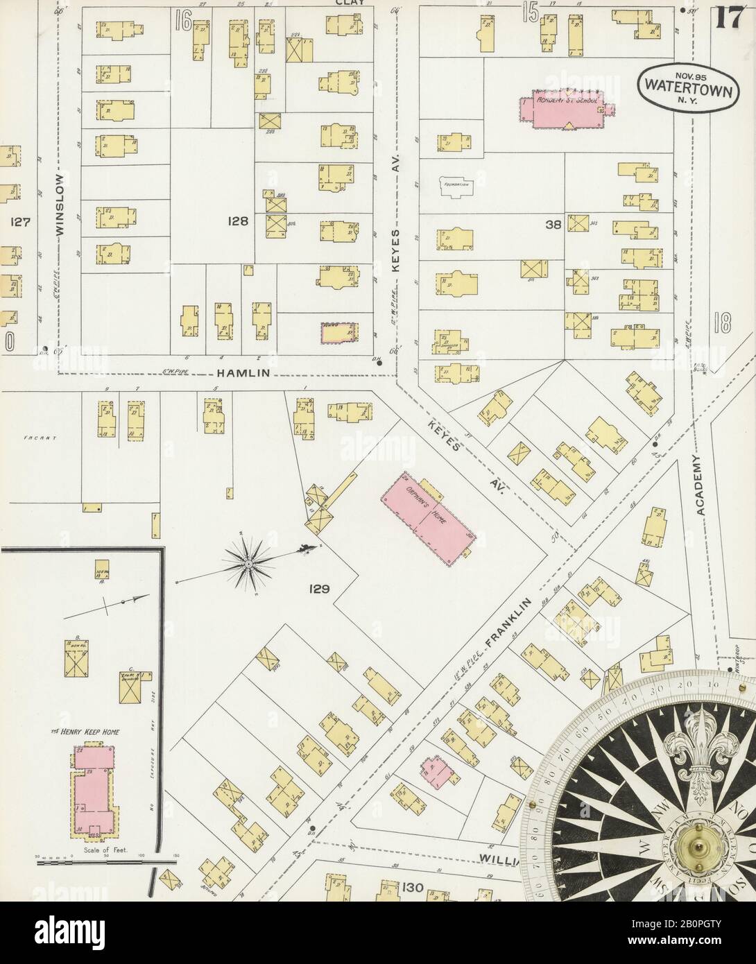 Image 17 of Sanborn Fire Insurance Map from Watertown, Jefferson County, New York. Nov 1895. 34 Sheet(s), America, street map with a Nineteenth Century compass Stock Photo