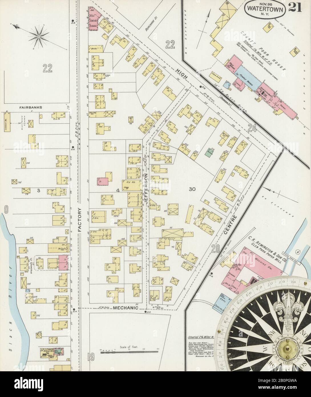 Image 21 of Sanborn Fire Insurance Map from Watertown, Jefferson County, New York. Nov 1895. 34 Sheet(s), America, street map with a Nineteenth Century compass Stock Photo
