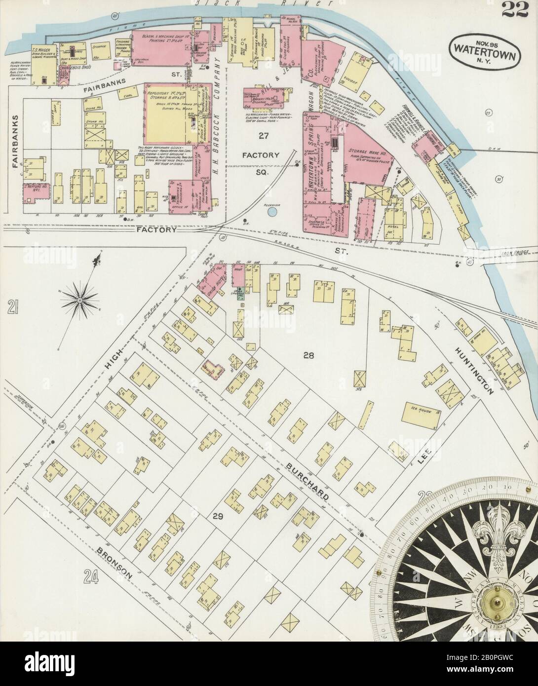 Image 22 of Sanborn Fire Insurance Map from Watertown, Jefferson County, New York. Nov 1895. 34 Sheet(s), America, street map with a Nineteenth Century compass Stock Photo