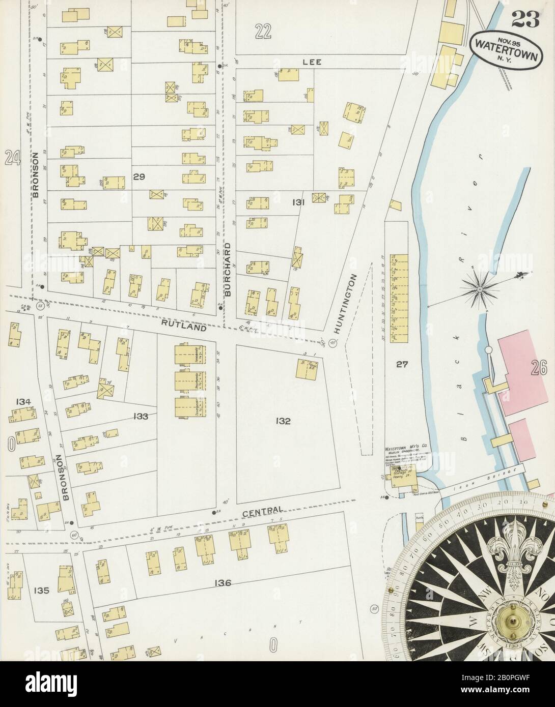 Image 23 of Sanborn Fire Insurance Map from Watertown, Jefferson County, New York. Nov 1895. 34 Sheet(s), America, street map with a Nineteenth Century compass Stock Photo