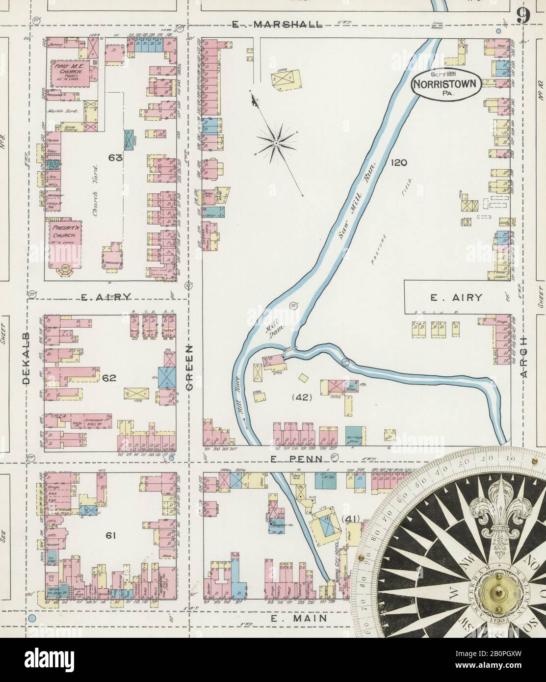 Image 9 of Sanborn Fire Insurance Map from Norristown, Montgomery County, Pennsylvania. Sep 1891. 17 Sheet(s). Includes Bridgeport, America, street map with a Nineteenth Century compass Stock Photo