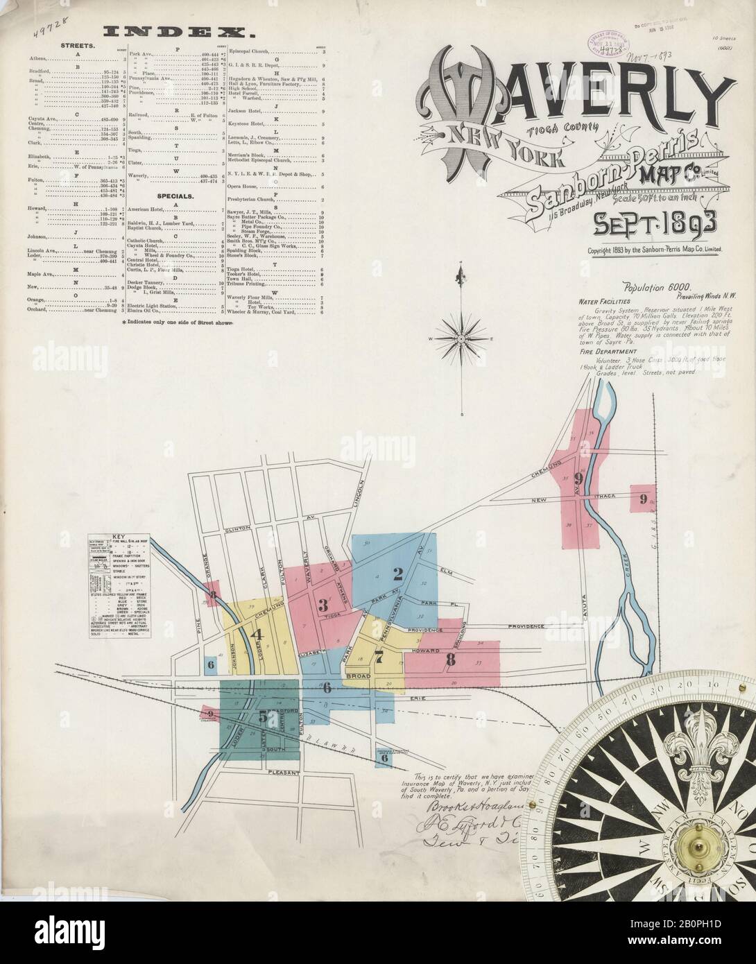 Image 1 of Sanborn Fire Insurance Map from Waverly, Tioga County, New York. Sep 1893. 10 Sheet(s), America, street map with a Nineteenth Century compass Stock Photo