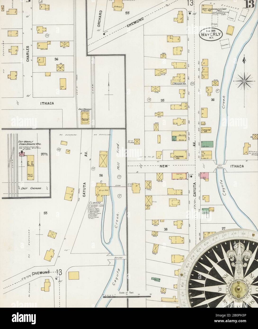 Image 13 of Sanborn Fire Insurance Map from Waverly, Tioga County, New York. Aug 1898. 14 Sheet(s), America, street map with a Nineteenth Century compass Stock Photo
