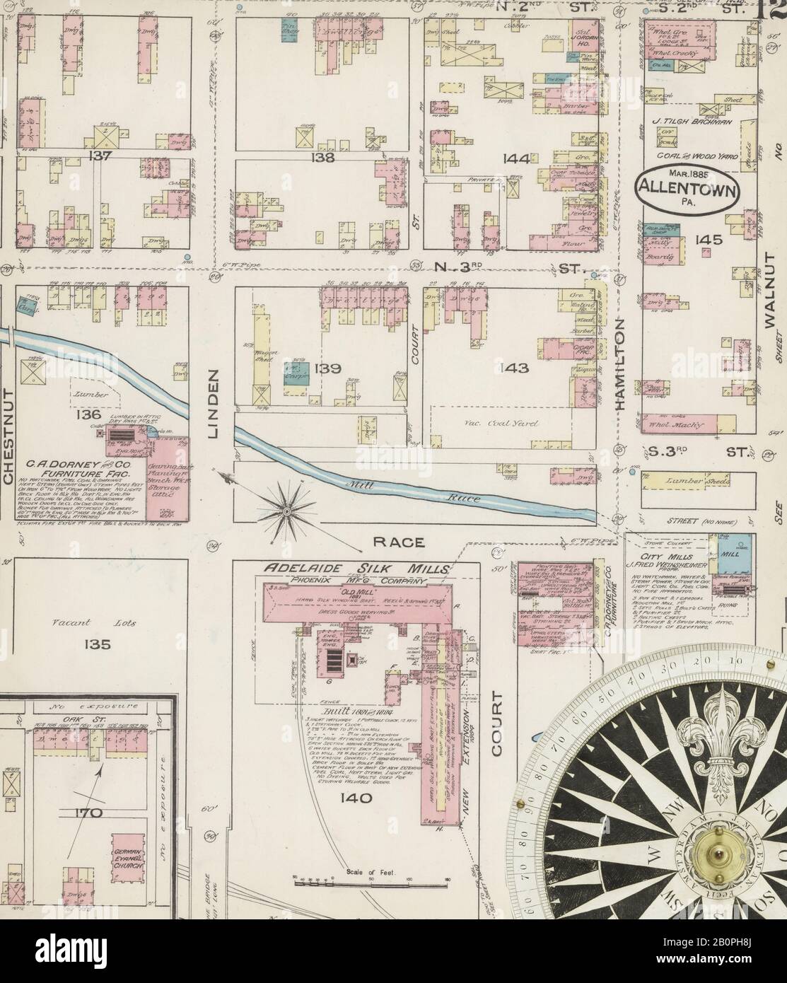 Image 12 of Sanborn Fire Insurance Map from Allentown, Lehigh County, Pennsylvania. Mar 1885. 25 Sheet(s), America, street map with a Nineteenth Century compass Stock Photo