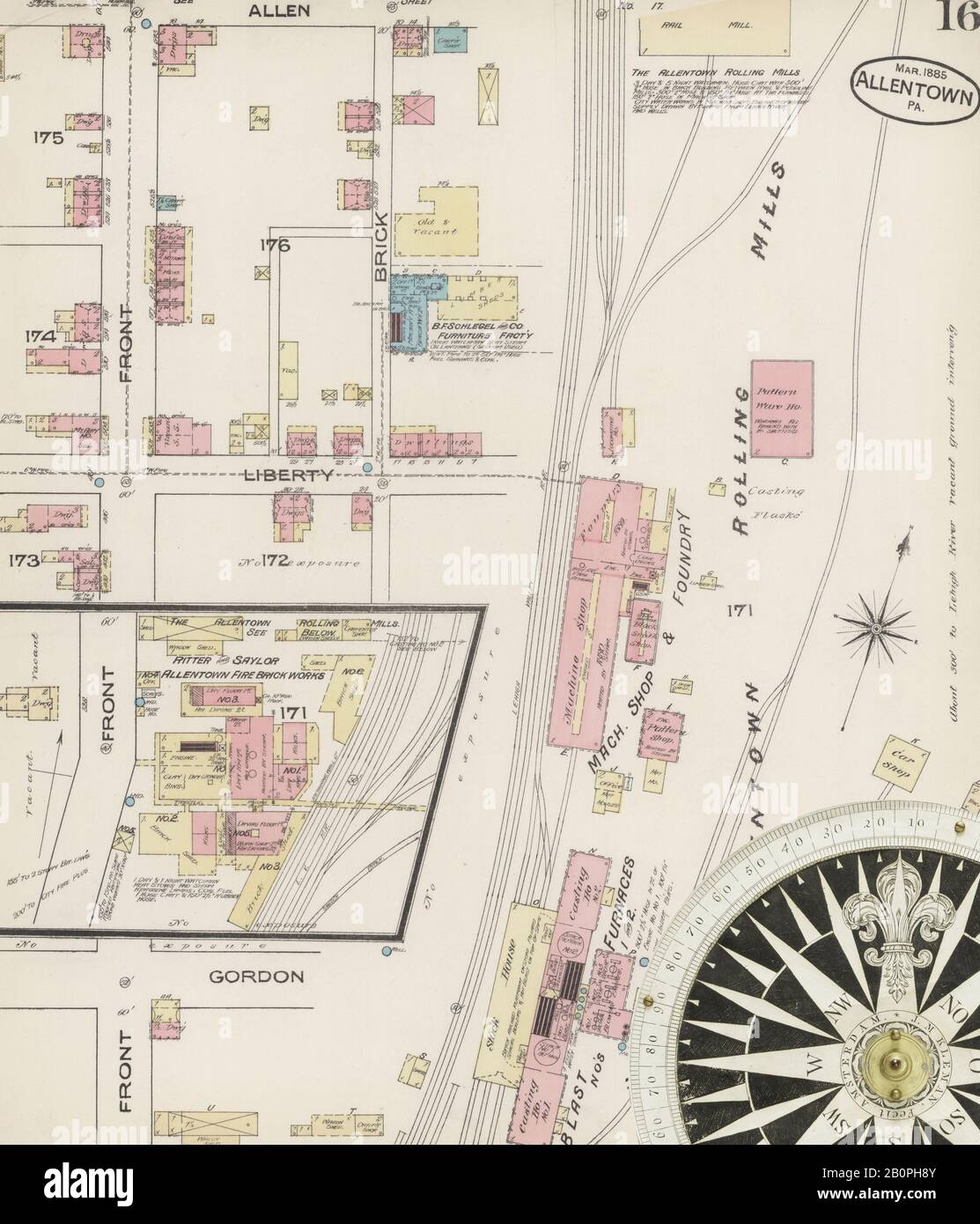 Image 16 of Sanborn Fire Insurance Map from Allentown, Lehigh County, Pennsylvania. Mar 1885. 25 Sheet(s), America, street map with a Nineteenth Century compass Stock Photo