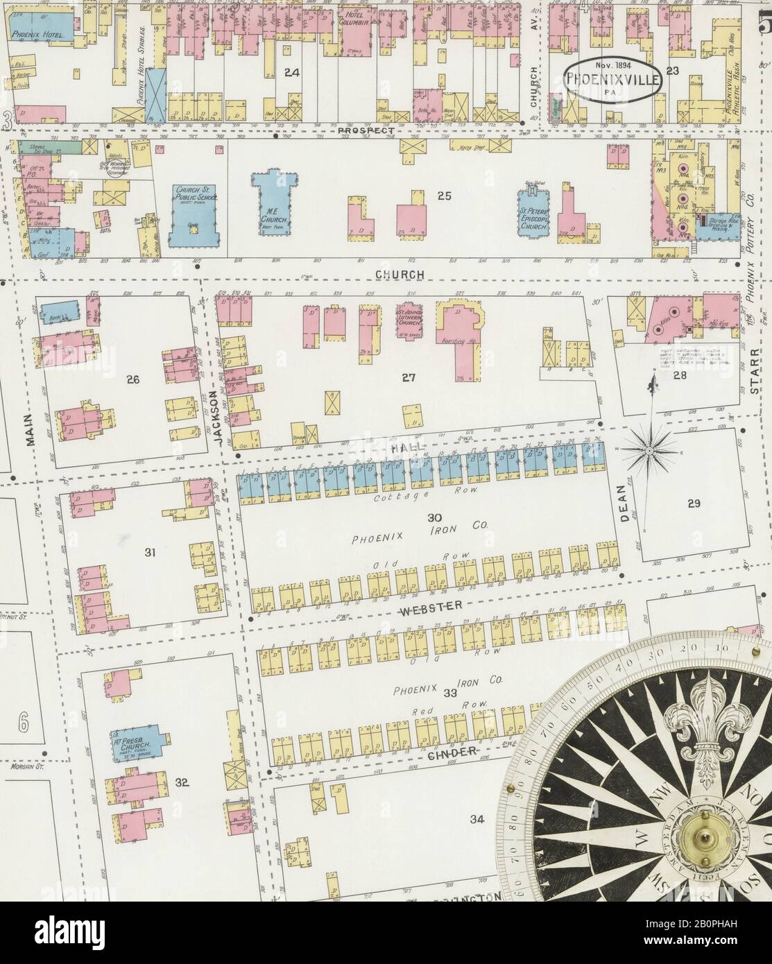 Image 5 of Sanborn Fire Insurance Map from Phoenixville, Chester County, Pennsylvania. Nov 1894. 10 Sheet(s), America, street map with a Nineteenth Century compass Stock Photo