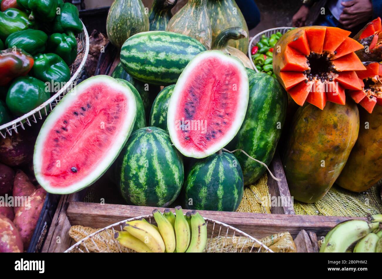 Stall of tropical fruits including watermelon, papaya and bananas. It was seen in Havana, Cuba. Stock Photo