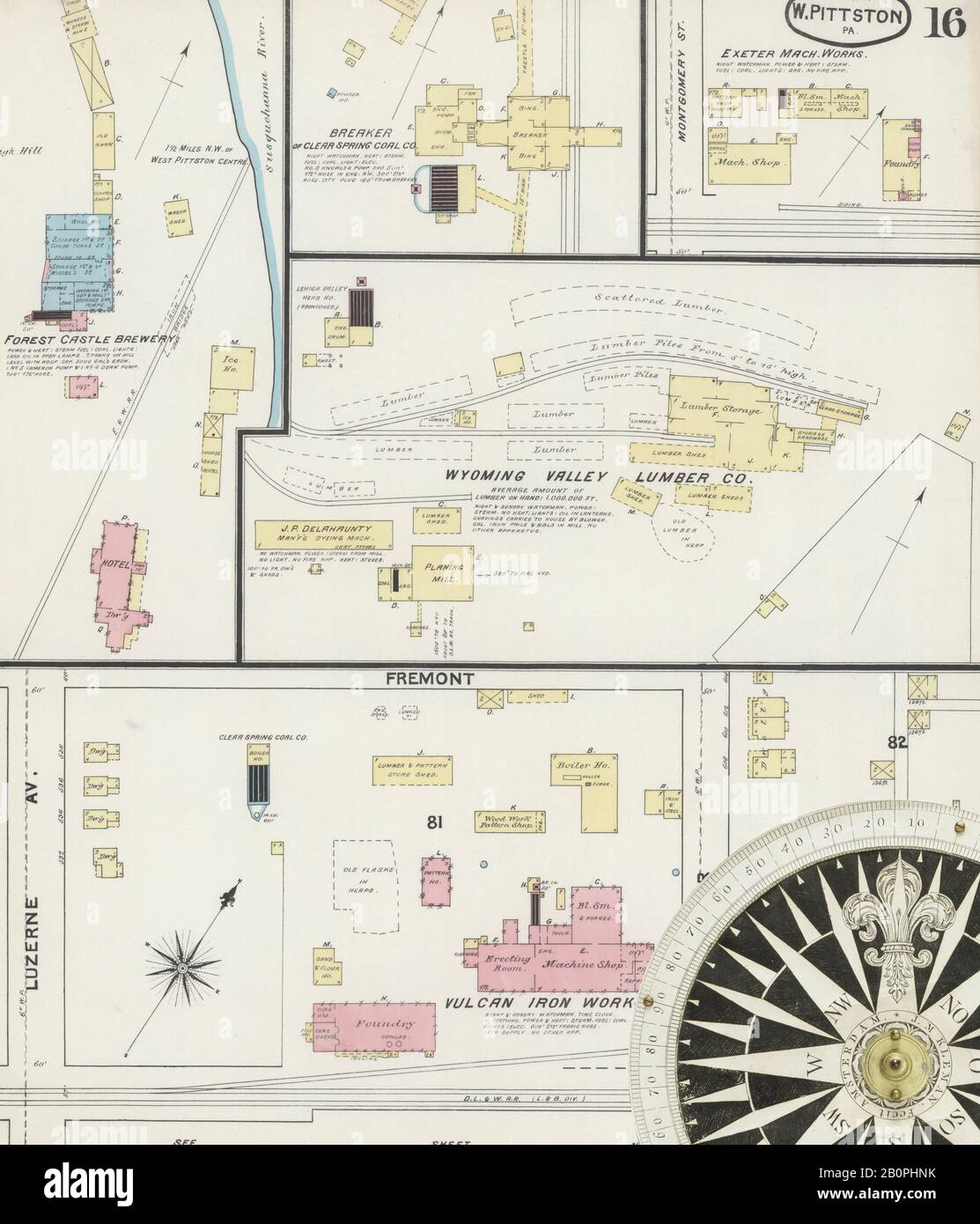 Image 16 of Sanborn Fire Insurance Map from Pittston, Luzerne County, Pennsylvania. Apr 1891. 16 Sheet(s), America, street map with a Nineteenth Century compass Stock Photo