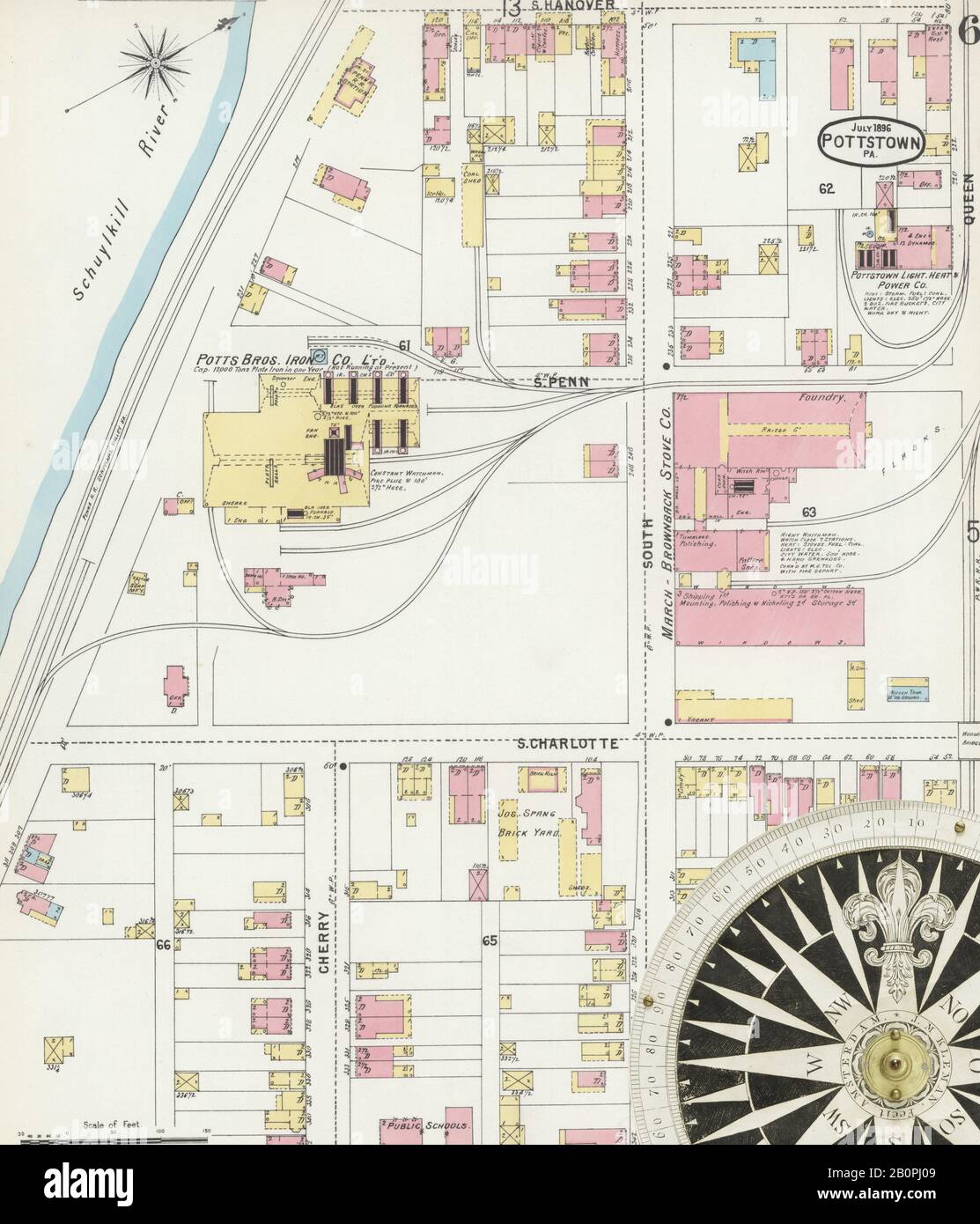 Image 6 of Sanborn Fire Insurance Map from Pottstown, Montgomery County, Pennsylvania. Jul 1896. 14 Sheet(s), America, street map with a Nineteenth Century compass Stock Photo