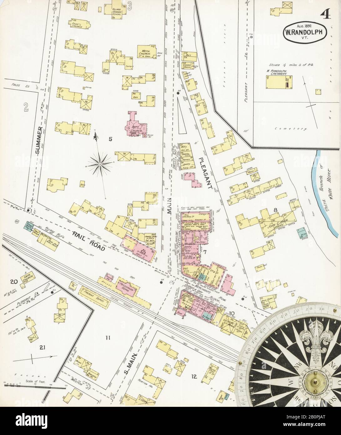 Image 4 of Sanborn Fire Insurance Map from West Randolph, Orange County, Vermont. Aug 1892. 4 Sheet(s), America, street map with a Nineteenth Century compass Stock Photo