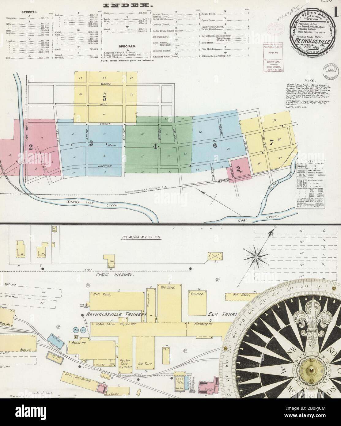 Image 1 of Sanborn Fire Insurance Map from Reynoldsville, Jefferson County, Pennsylvania. Sep 1896. 7 Sheet(s), America, street map with a Nineteenth Century compass Stock Photo