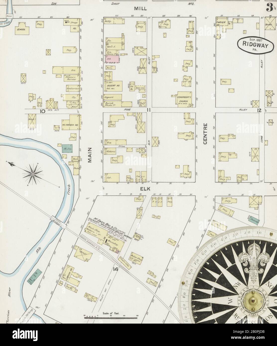 Image 3 of Sanborn Fire Insurance Map from Ridgway, Elk County, Pennsylvania. Sep 1887. 5 Sheet(s), America, street map with a Nineteenth Century compass Stock Photo