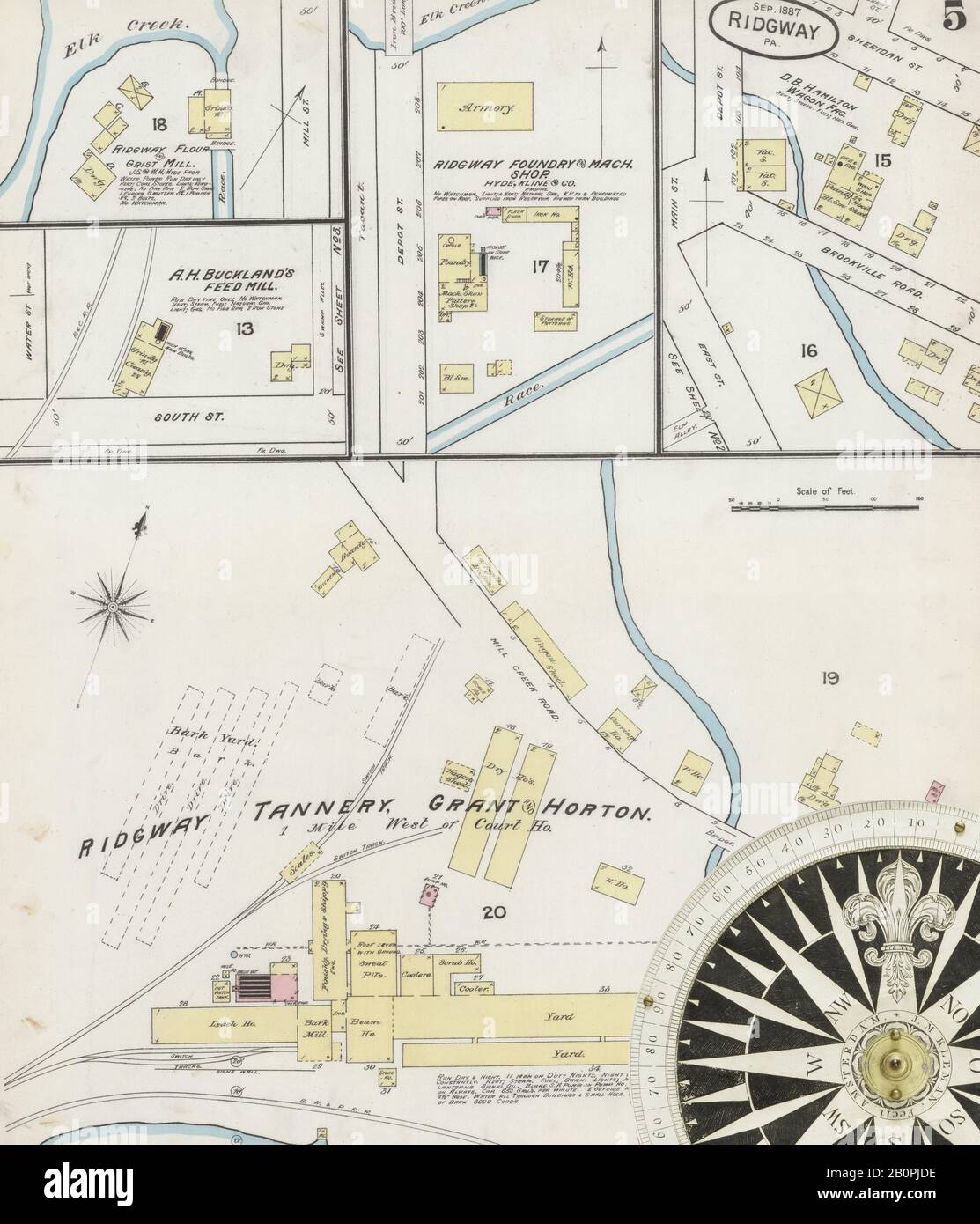 Image 5 of Sanborn Fire Insurance Map from Ridgway, Elk County, Pennsylvania. Sep 1887. 5 Sheet(s), America, street map with a Nineteenth Century compass Stock Photo