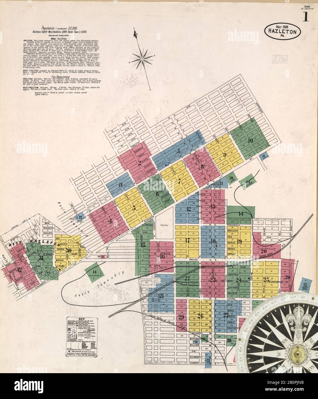 Image 2 of Sanborn Fire Insurance Map from Mexico City, Federal District, Distrito Federal. 1905. 25 Sheet(s). Includes 9 skeleton maps, America, street map with a Nineteenth Century compass Stock Photo