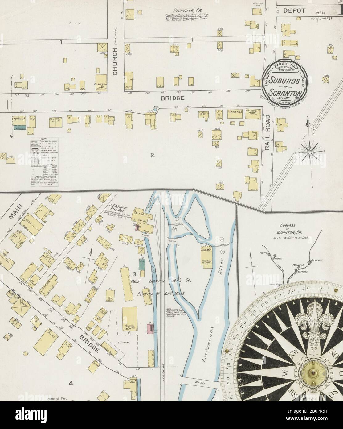 Image 1 of Sanborn Fire Insurance Map from Scranton Suburbs, Lackawanna County, Pennsylvania. Jul 1893. 5 Sheet(s). Includes Archbald, Dalton, Moosic, Moscow, Peckville, Taylorville, Waverly, America, street map with a Nineteenth Century compass Stock Photo