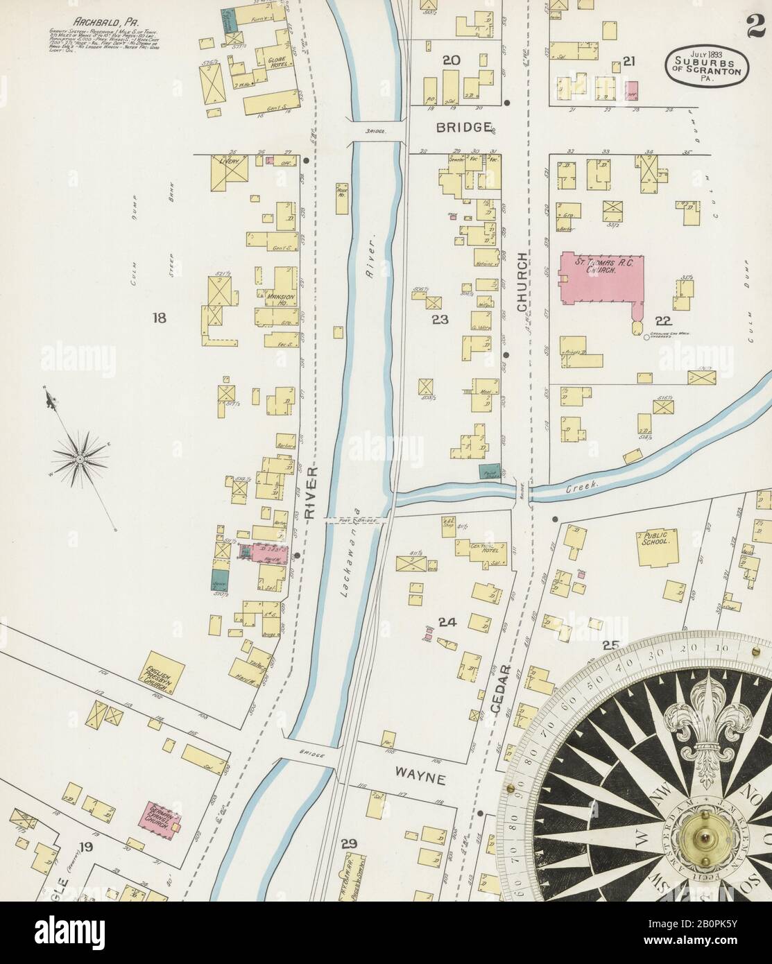 Image 2 of Sanborn Fire Insurance Map from Scranton Suburbs, Lackawanna County, Pennsylvania. Jul 1893. 5 Sheet(s). Includes Archbald, Dalton, Moosic, Moscow, Peckville, Taylorville, Waverly, America, street map with a Nineteenth Century compass Stock Photo