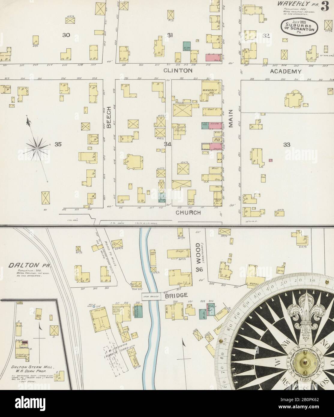 Image 3 of Sanborn Fire Insurance Map from Scranton Suburbs, Lackawanna County, Pennsylvania. Jul 1893. 5 Sheet(s). Includes Archbald, Dalton, Moosic, Moscow, Peckville, Taylorville, Waverly, America, street map with a Nineteenth Century compass Stock Photo