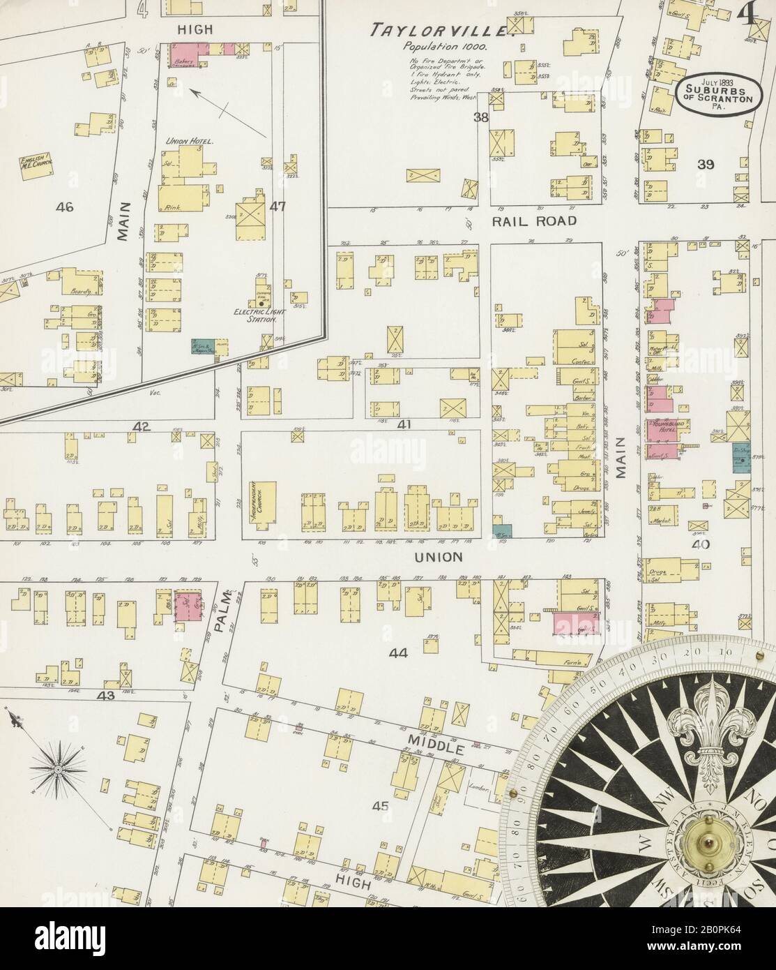 Image 4 of Sanborn Fire Insurance Map from Scranton Suburbs, Lackawanna County, Pennsylvania. Jul 1893. 5 Sheet(s). Includes Archbald, Dalton, Moosic, Moscow, Peckville, Taylorville, Waverly, America, street map with a Nineteenth Century compass Stock Photo
