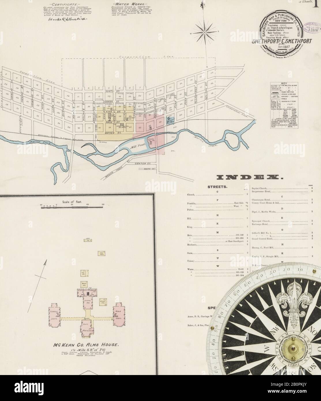Image 1 of Sanborn Fire Insurance Map from Smethport, McKean County, Pennsylvania. Sep 1887. 4 Sheet(s). Includes East Smethport, America, street map with a Nineteenth Century compass Stock Photo