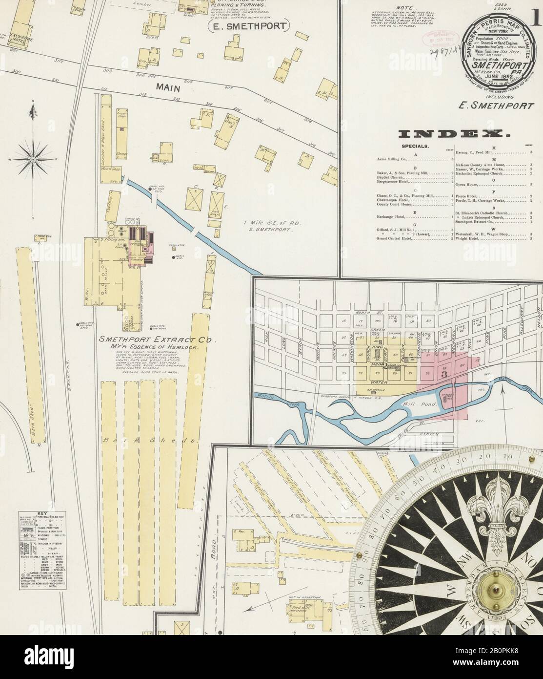 Image 1 of Sanborn Fire Insurance Map from Smethport, McKean County, Pennsylvania. Jun 1892. 3 Sheet(s). Includes East Smethport, America, street map with a Nineteenth Century compass Stock Photo