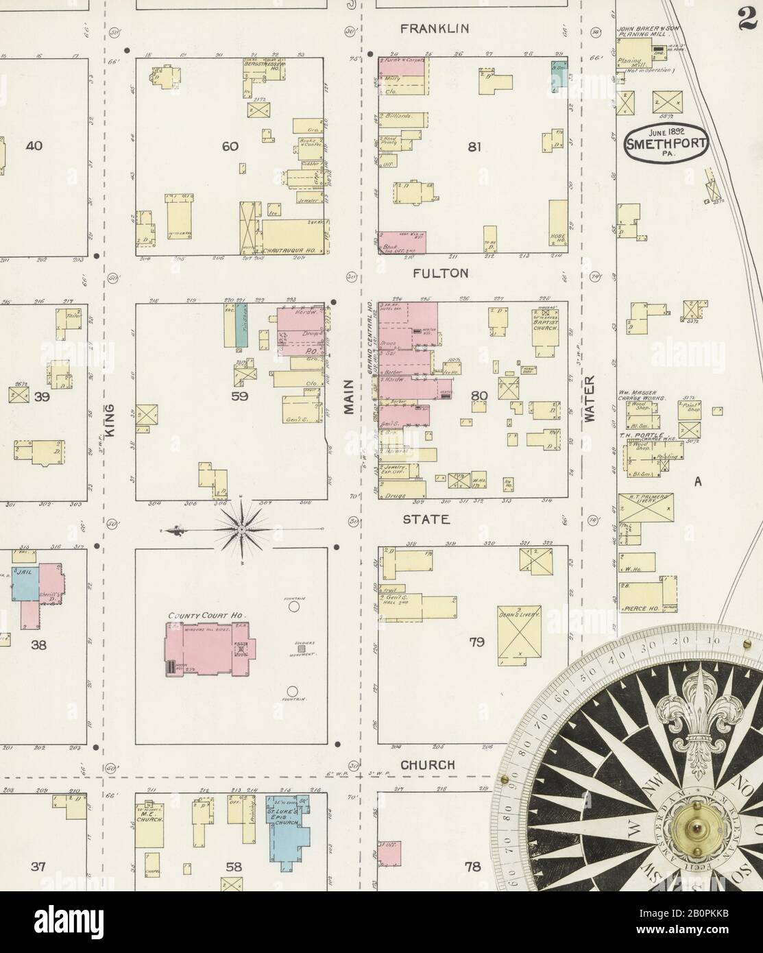 Image 2 of Sanborn Fire Insurance Map from Smethport, McKean County, Pennsylvania. Jun 1892. 3 Sheet(s). Includes East Smethport, America, street map with a Nineteenth Century compass Stock Photo