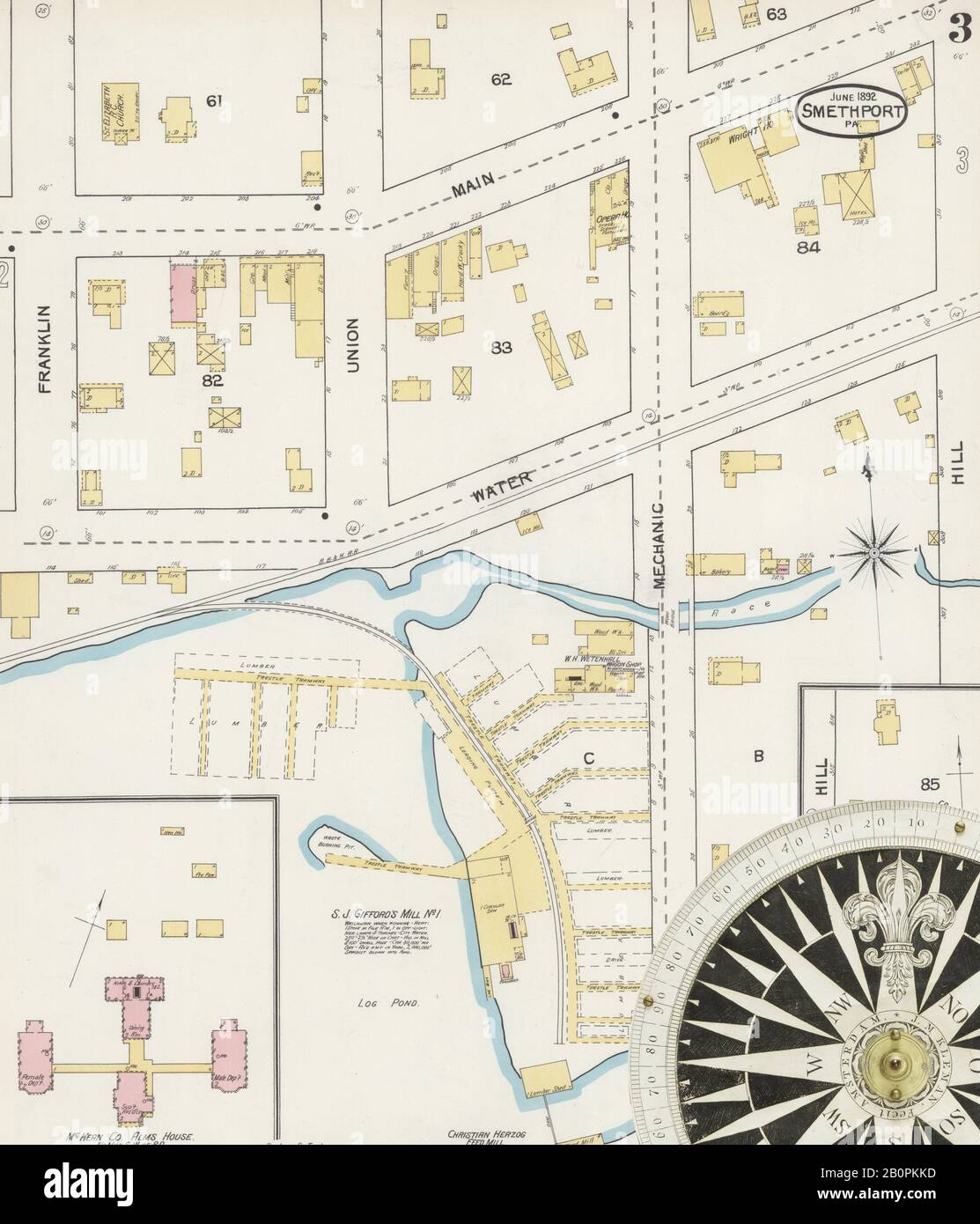 Image 3 of Sanborn Fire Insurance Map from Smethport, McKean County, Pennsylvania. Jun 1892. 3 Sheet(s). Includes East Smethport, America, street map with a Nineteenth Century compass Stock Photo