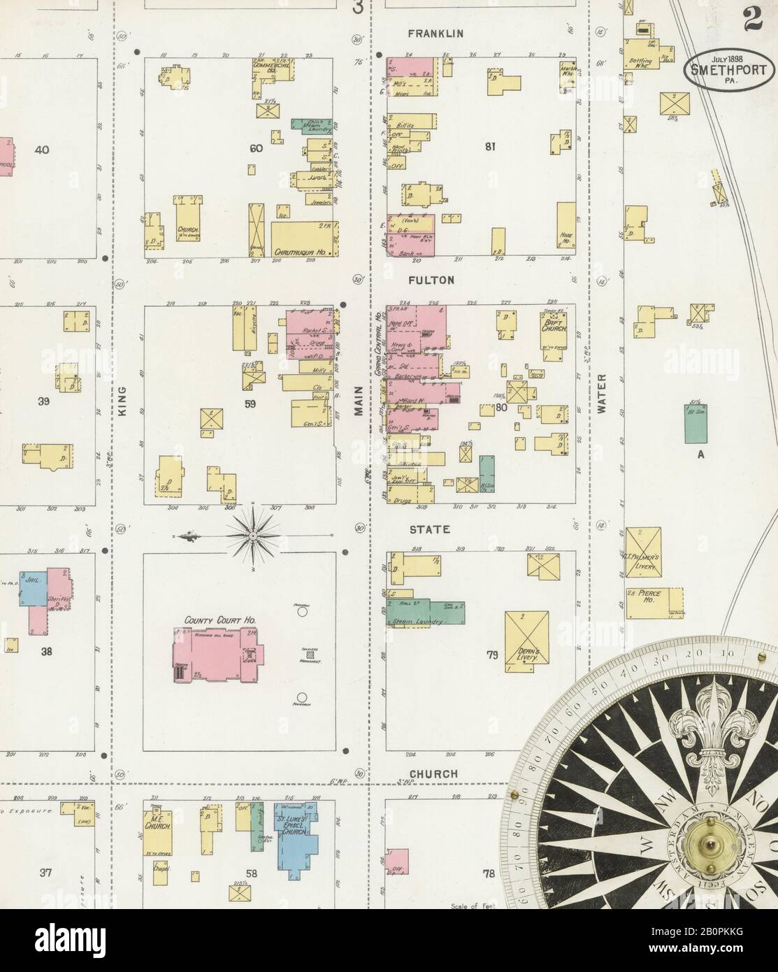 Image 2 of Sanborn Fire Insurance Map from Smethport, McKean County, Pennsylvania. Jul 1898. 3 Sheet(s), America, street map with a Nineteenth Century compass Stock Photo