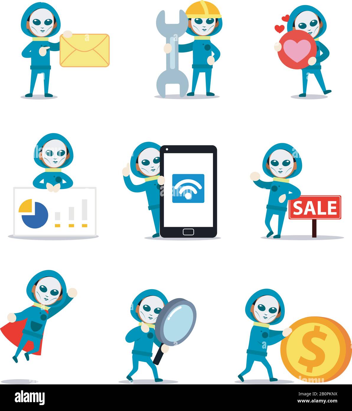 Set character of man blue extraterrestrial alien with big eyes. Stock Vector